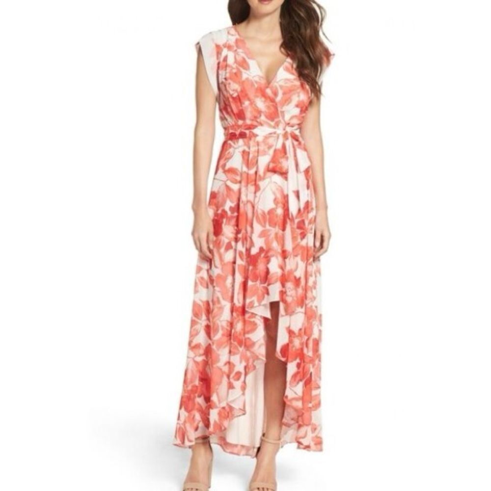 🌹 Eliza J Red Floral High-Low Wrap Dress – Elegant & Romantic sz 4 EUC